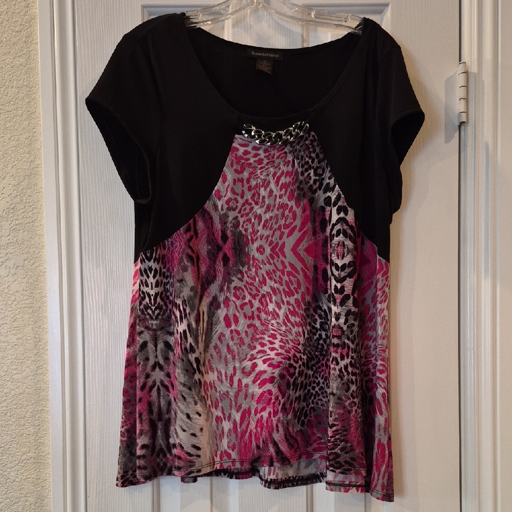 Susan Lawrence Black and Pink Leopard Print Blouse